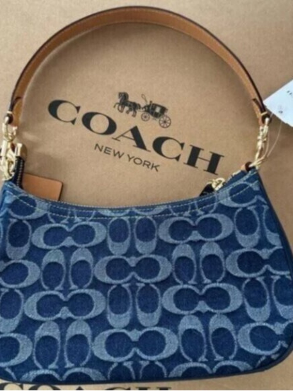 Coach Blue Signature Denim Shoulder Bag with Brown Strap - Picture 4 of 4